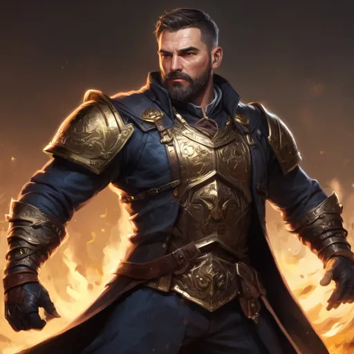 Prompt: Male stocky heavy-set mature illutionist with short-cut hair and beard, on a battlefield, in combat, casting a gold-spell, pathfinder, d&d setting, in a realistic high quality digital art style, enhanced shadow quality