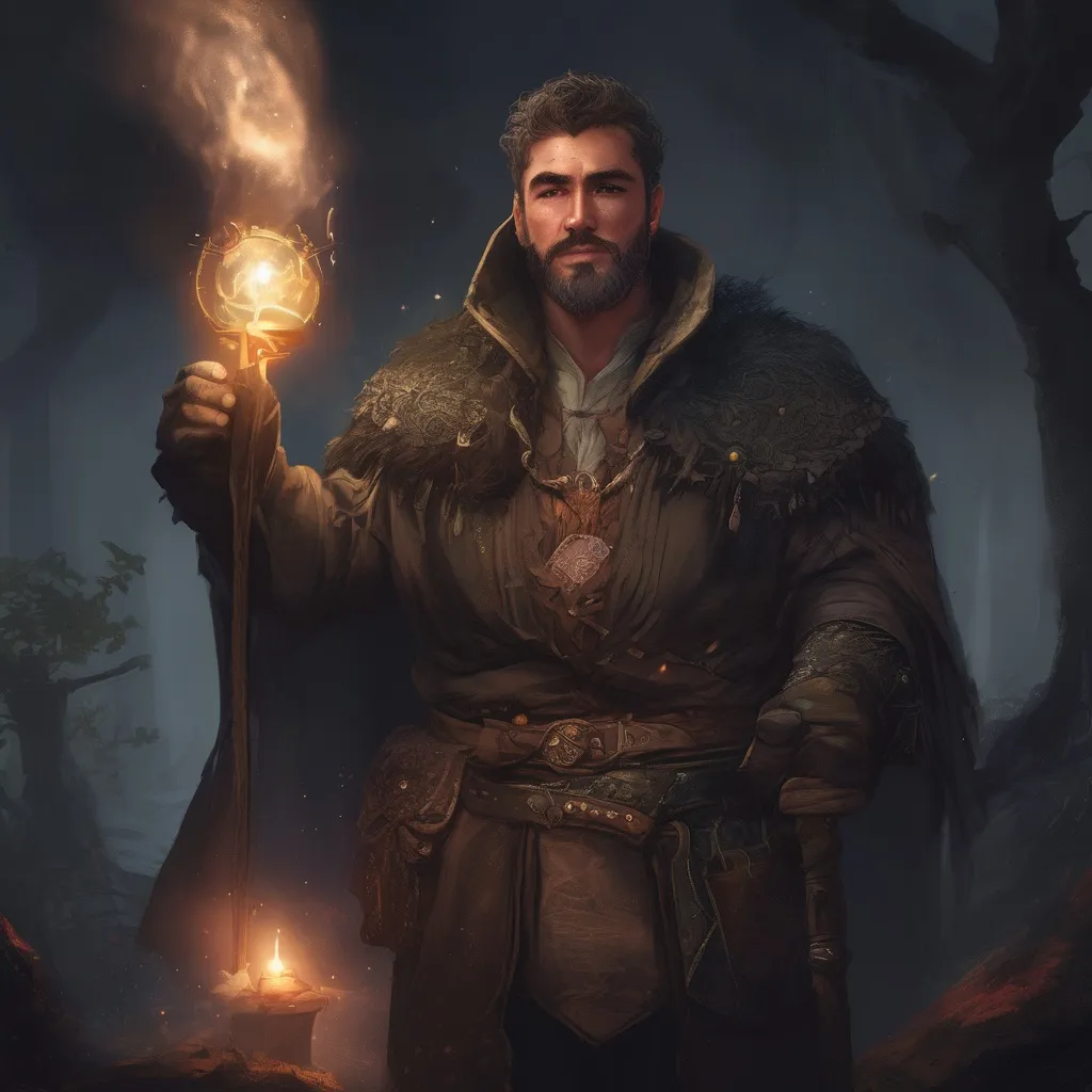 Prompt: (Full body) male stocky warlock with short-cut hair and beard, casting a magical speln, in nature in the dark, pathfinder, d&d setting, in a realistic digital art style