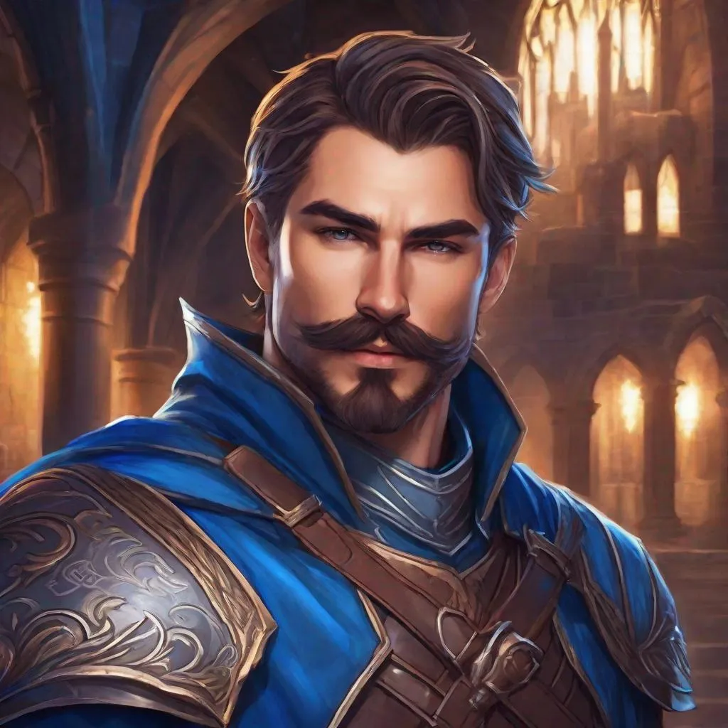 Prompt: A male fighter short-cut hair looks like gay actor with hairy chest and mustache short-beard, armor with blue leather details, cloak, manly, fantasy setting, dungeons and dragons, outside of in a town at night, in realistic digital art style