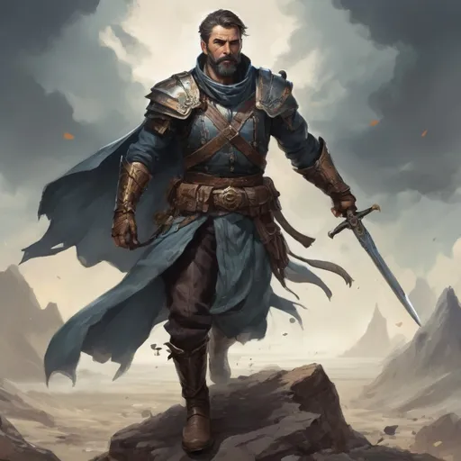 Prompt: (torso) Male heavy-set mature fit magical halbardier with short-cut hair and beard, holding fantasy-weapon, in movement, in a windy battlefield, pathfinder, d&d setting, enhanced shadow quality