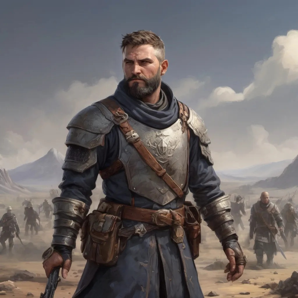 Prompt: Male heavy-set mature marskman with short-cut hair and beard, on a battlefield, in combat, pathfinder, d&d setting, in a realistic high quality digital art style, enhanced shadow quality, colorful