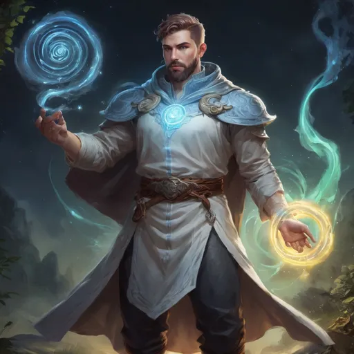 Prompt: (Full body) male stocky young muscular cleric with short-cut hair and a beard, casting a swirly astral-spell, in nature at night pathfinder, d&d setting, in a realistic digital art style