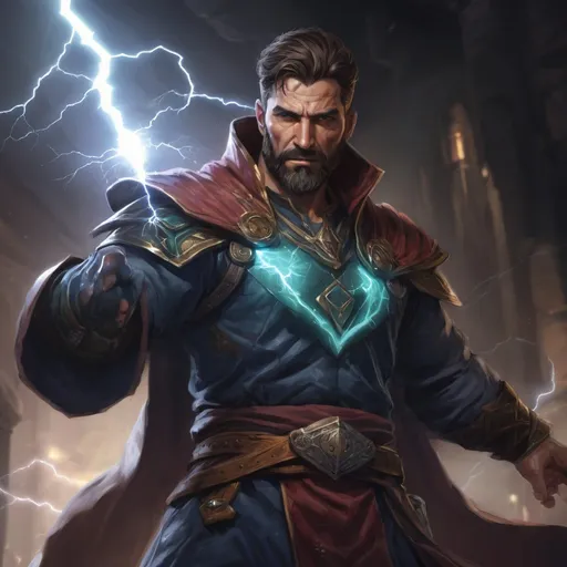 Prompt: (torso) Male stocky large muscular mature sorcerer with short-cut brown hair and beard, engaged in combat casting a lightning spell inside of a dark dungeon, pathfinder, d&d setting, in a realistic high quality digital art style, enhanced shadow quality, wearing colorful robes