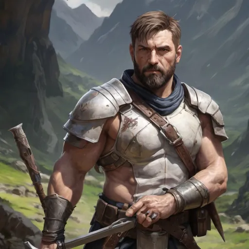 Prompt: (torso) Male stocky large fat beefy 42-year old knight with short-cut hair and beard, open shirt hairy chest, in combat holding a weapon hand in a windy valley, pathfinder, d&d setting, in a realistic high quality digital art style, enhanced shadow quality