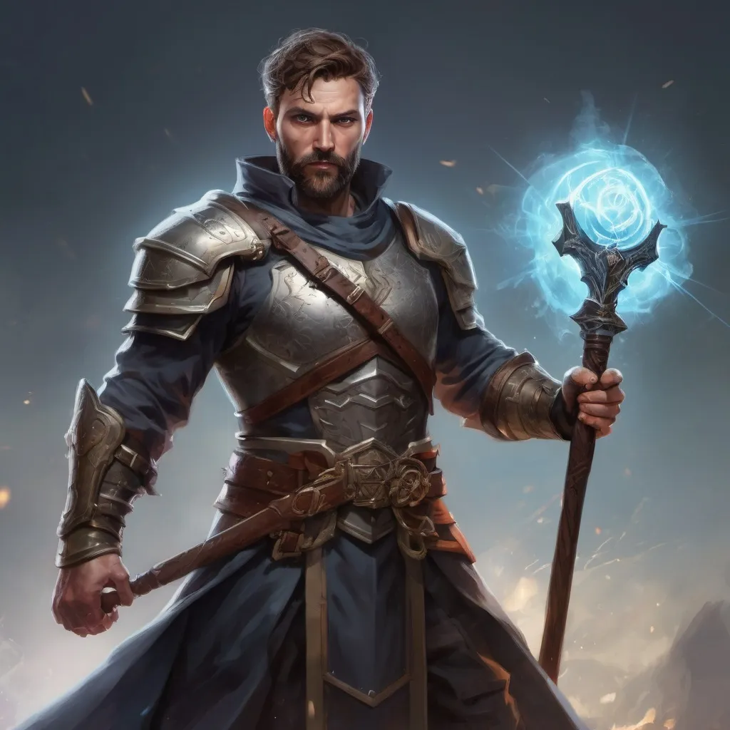 Prompt: (torso) Male stocky manly magical crusader with short-cut hair and beard, on a battlefield, in combat, holding a magic staff, bright aura, pathfinder, d&d setting, in a realistic high quality digital art style, enhanced shadow quality