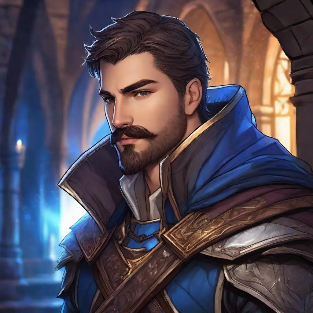 Prompt: A male fighter short-cut hair looks like gay actor with hairy chest and mustache short-beard, armor with blue leather details, cloak, manly, fantasy setting, dungeons and dragons, outside of in a town at night, in realistic digital art style
