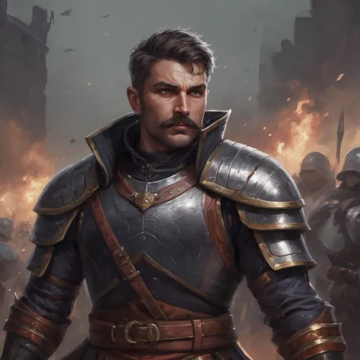 Prompt: (Full body) male stocky masculine royal guard with short hair and mustache, hairy chest, in a dark battle field, pathfinder, d&d setting, in a realistic high quality digital art style