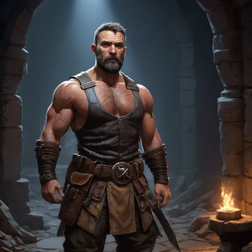 Prompt: Male heavy-set mature muscular engineer with short-cut hair and beard, in a dark dungeon, pathfinder, d&d setting, in a realistic high quality digital art style, enhanced shadow quality