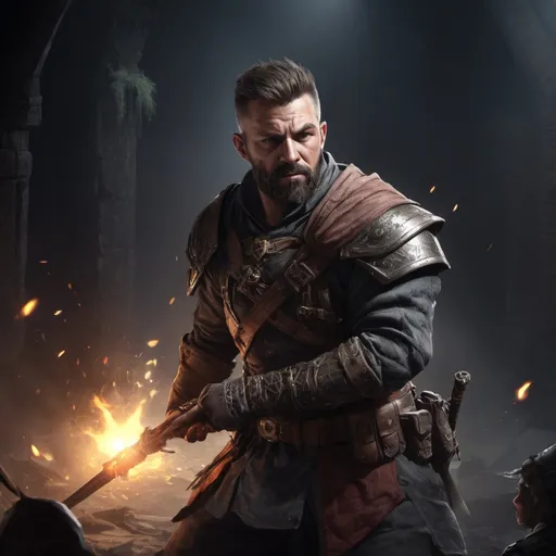 Prompt: Male stocky large mature fit bandit with short-cut hair and beard, engaged in combat holding fantasy-weapon in a dark room, pathfinder, d&d setting, realistic, enhanced shadow quality
