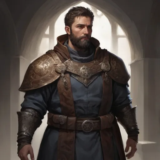 Prompt: Male stocky large masculine holy-cleric with short-cut hair and beard, exploring a dark trasure room, pathfinder, d&d setting, realistic, enhanced shadow quality