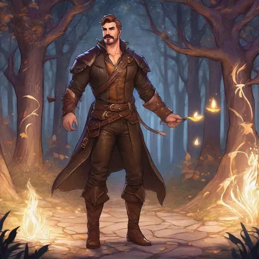 Prompt: (Full body) A male muscular witch with short cut hair with a mustache and stubble manly face, pathfinger, magic swirl, visible chest, leather pants, holding magic, dungeons and dragons, brown boots, fantasy setting, standing in a forest glade at night, in a painted style realistic art