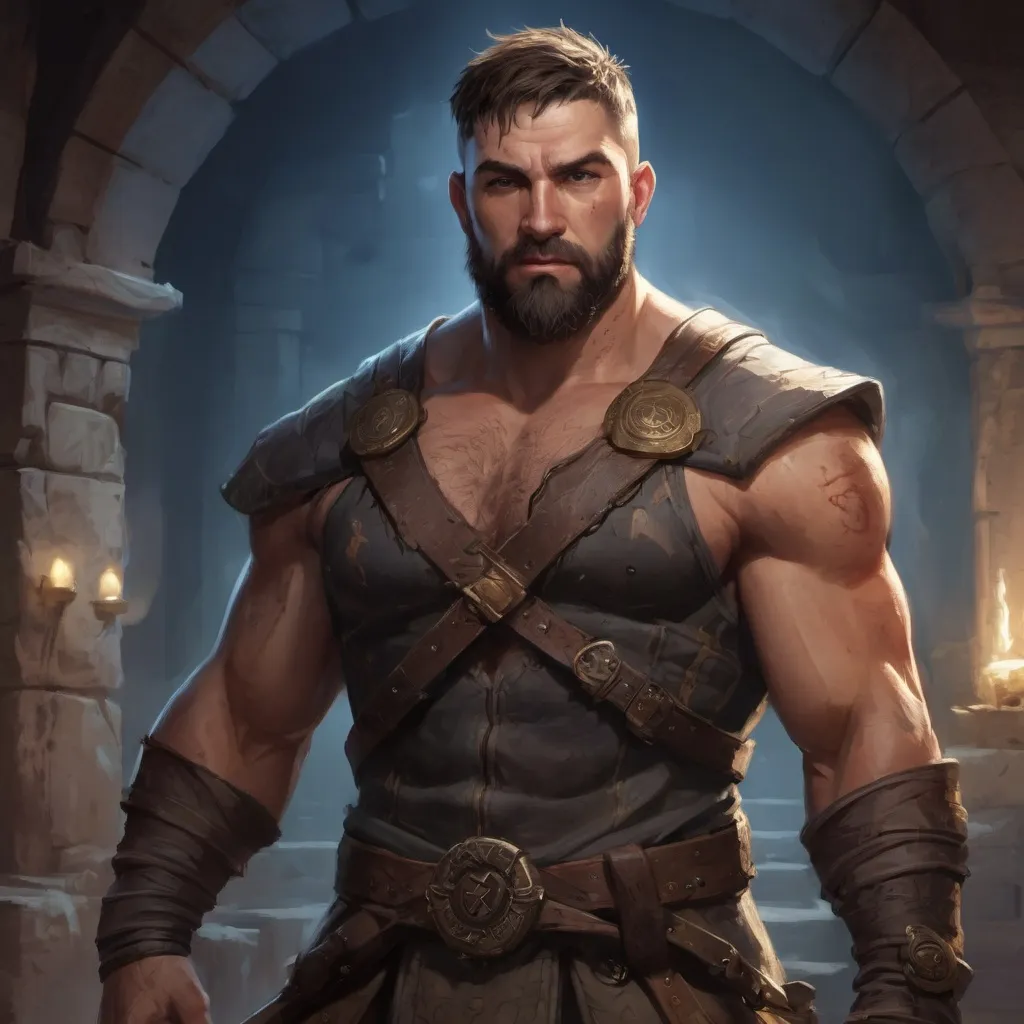 Prompt: Male stocky heavy-set warrior with short-cut hair and beard, hairy chest, pecs and belly, inside a temple dungeon at night, pathfinder, d&d setting, in a realistic high quality digital art style, enhanced shadow quality