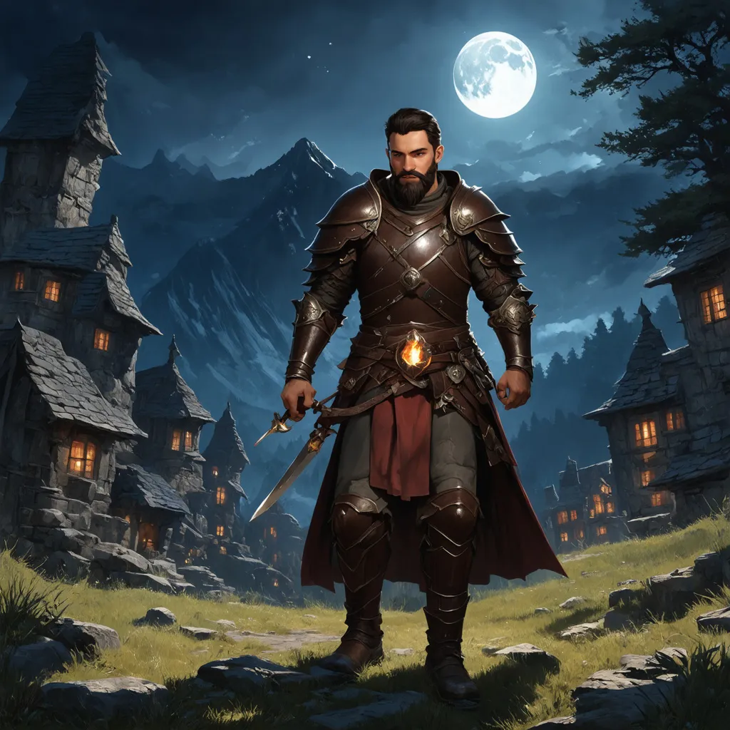 Prompt: (Full body) male warrior with short hair and beard, in brown rugged armor, exploring a dark fantasy villiage by a mountain at night, pathfinder, d&d setting, in a detailed digital art style