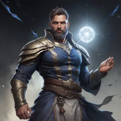 Prompt: (torso) Male stocky large fit 37-year old eidolon-summoner with short-cut hair and beard, casting a magic-ray out of hands in a windy path, pathfinder, d&d setting, in movement, hands up, enhanced shadow quality