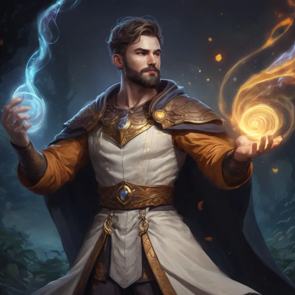 Prompt: (Full body) male stocky young muscular cleric with short-cut hair and a beard, casting a swirly astral-spell, in nature at night pathfinder, d&d setting, in a realistic digital art style
