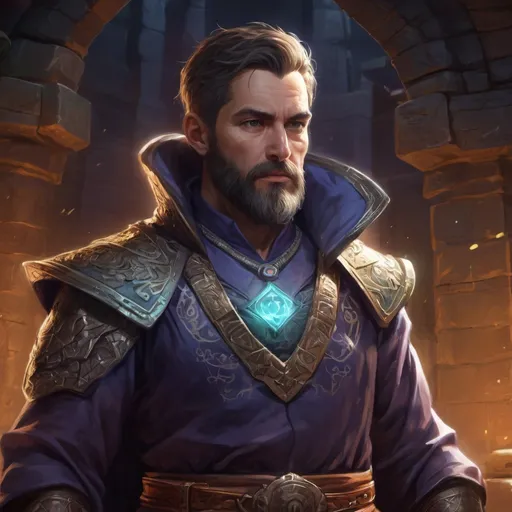 Prompt: (torso) Male stocky mature summoner with short-cut hair and beard, inside of a magical temple dungeon at night, summoning an magic eidolon-creature, pathfinder, d&d setting, in a realistic high quality digital art style, enhanced shadow quality, in very colorful robes,