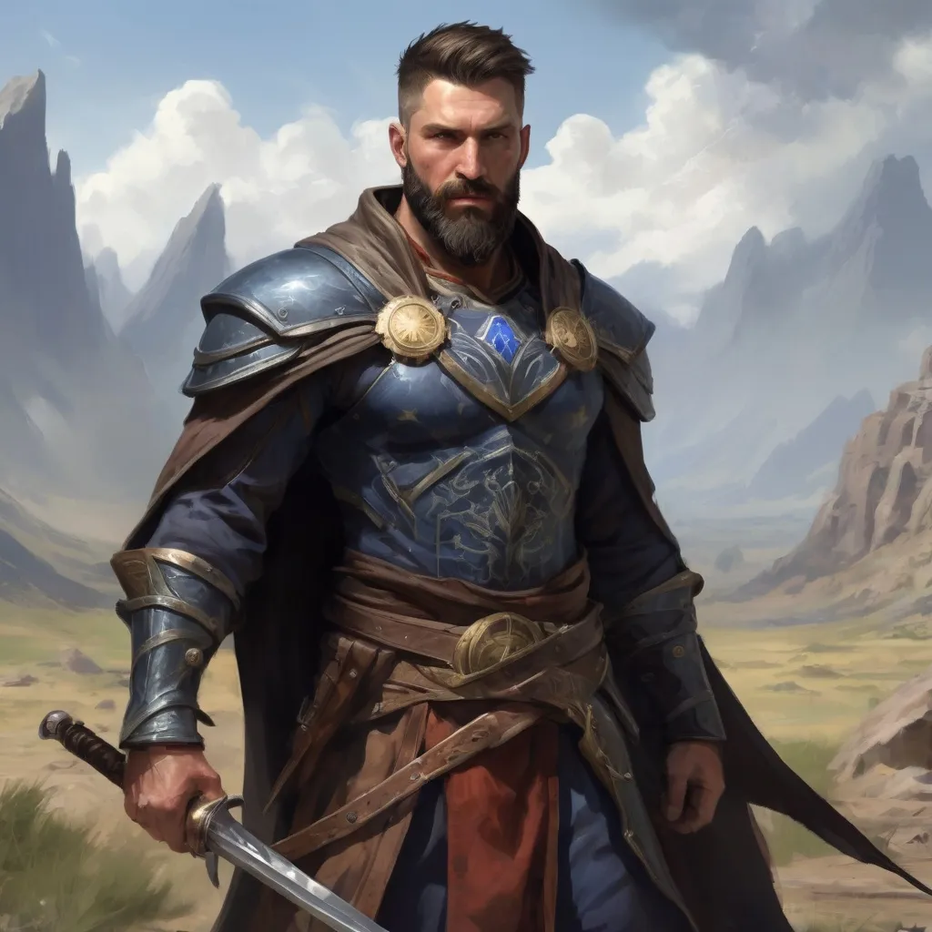 Prompt: (head and torso) Male heavy-set fit 30-year old hunky sorcerer with short-cut hair and beard, holding magic-spell, on a windy battlefield, pathfinder, d&d setting, enhanced shadow quality