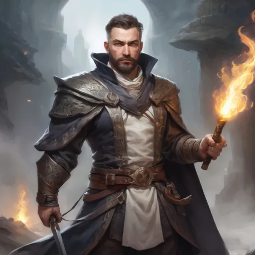 Prompt: Male stocky heavy-set mature illusion-mage with short-cut hair and beard, on a battlefield, in combat, casting a white-spell, pathfinder, d&d setting, in a realistic high quality digital art style, enhanced shadow quality, colorful