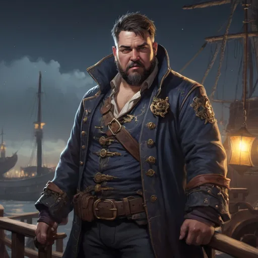 Prompt: (Full body) male stocky heavy-built large fat pirate thief with short hair and beard, wearing magic coat, on a ship by land at night, pathfinder, d&d setting, in a realistic high quality digital art style