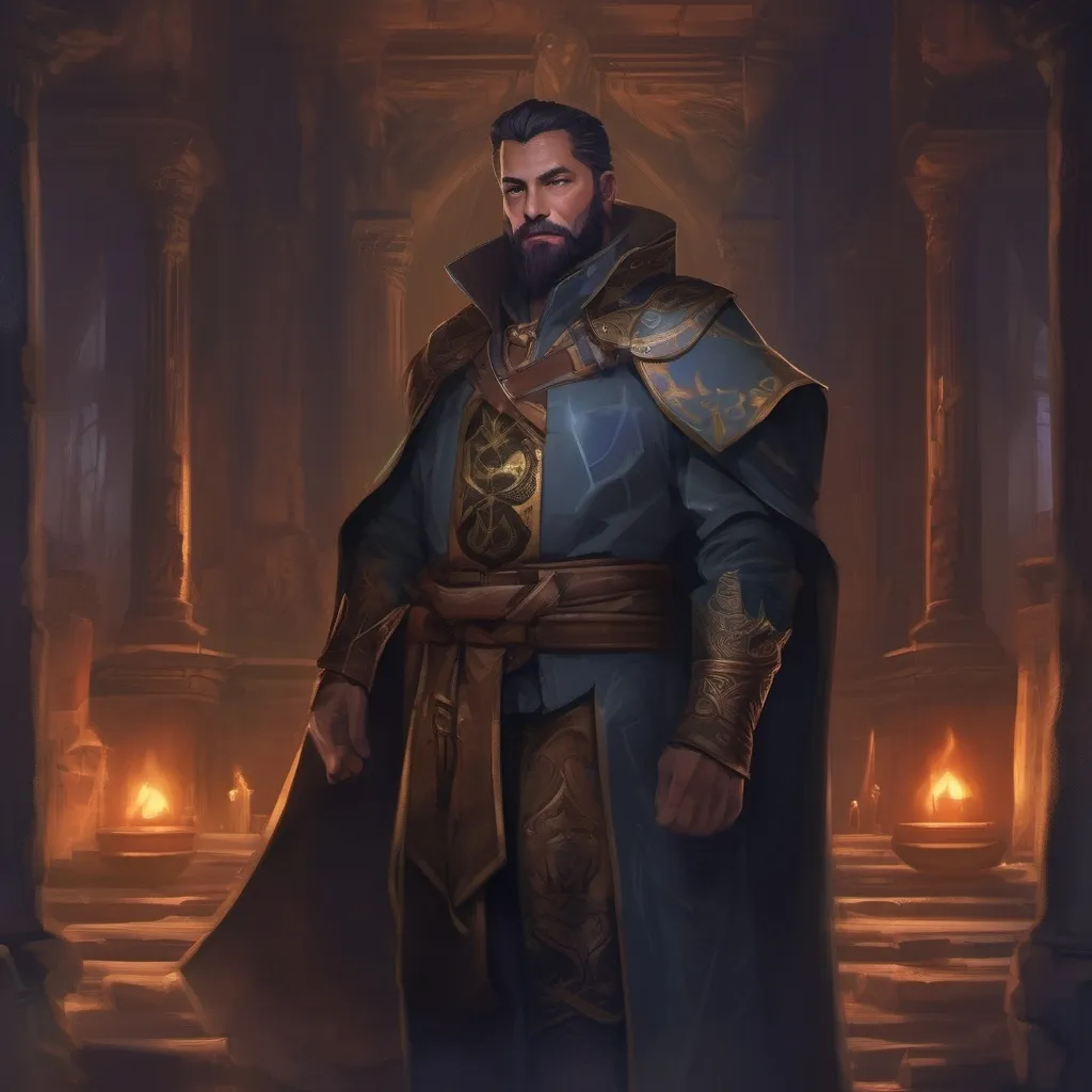 Prompt: (Full body) male stocky magus with short-cut hair and beard, in a dark magic temple dungeon, wearing magical noble robes, pathfinder, d&d setting, in a realistic digital art style