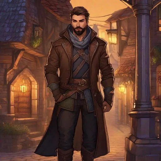 Prompt: (Full body) male arcane rogue with short brown hair and beard, detailed manly face, pathfinder, dungeons and dragons, standing outside of a small town at night, in a  realistic painted style