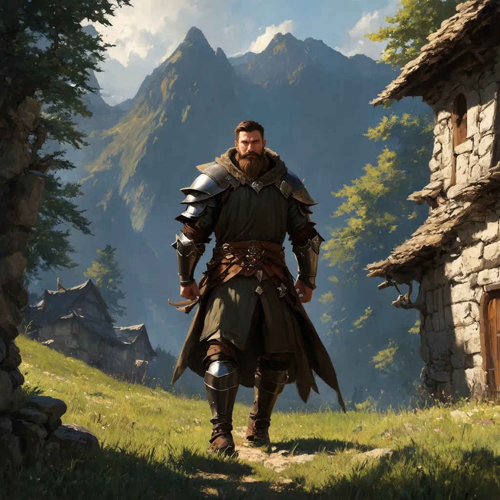 Prompt: (Full body) male druid with short hair and beard, in rugged armor, exploring a dark fantasy villiage by a mountain, pathfinder, d&d setting, in a detailed digital art style