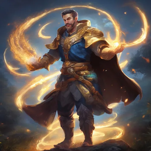 Prompt: (Full body) male stocky young muscular cleric with short-cut hair and a mustache, casting a swirly astral-spell, in nature at night pathfinder, d&d setting, in a realistic digital art style