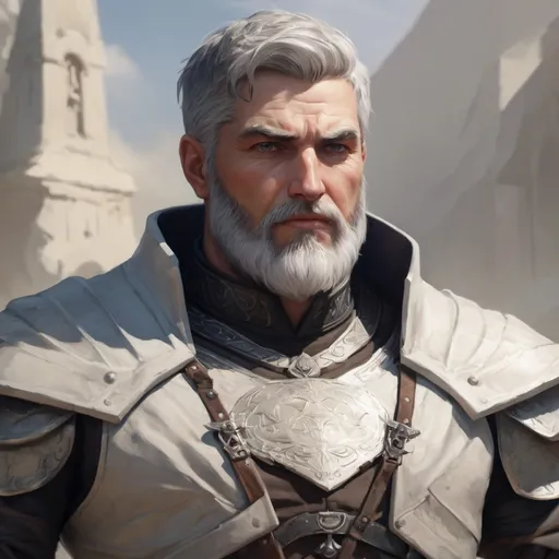 Prompt: Male stocky heavy-set mature illutionist with short-cut hair and beard, on a battlefield, in combat, casting a white-spell, pathfinder, d&d setting, in a realistic high quality digital art style, enhanced shadow quality