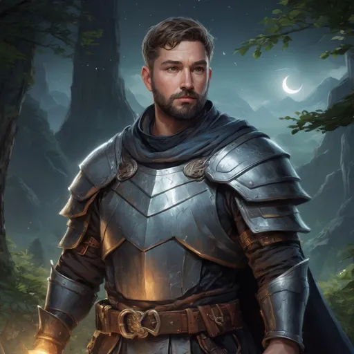Prompt: male stocky fat masculine knight with short hair and beard, surrounded by holy glow, in nature at night, pathfinder, d&d setting, Realistic