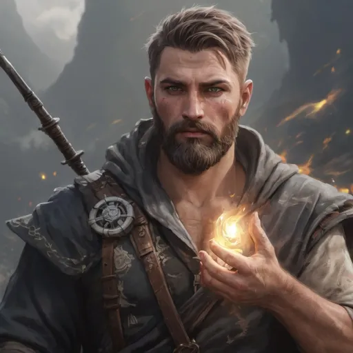 Prompt: (head and torso) Male heavy-set fit 30-year old hunky druid with short-cut hair and beard, holding magic-spell, in a windy battlefield, pathfinder, d&d setting, enhanced shadow quality