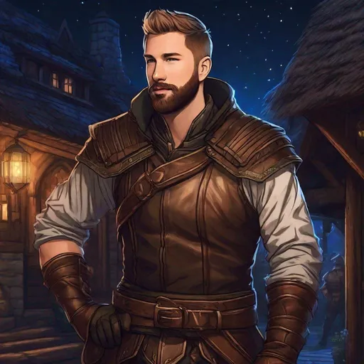 Prompt: (Full body) calvin harris as a ranger in leather armor, bearded, short hair, fantasy, standing outside a tavern at night, in a realistic digital art style