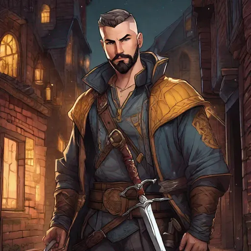 Prompt: (Full body) handsome rogue glowing eyes with buzz-cut hair beard, scar, manly face, holding a dagger, pathfinder, dungeons and dragons, in a dark back street, sneaking, in a painted style, realistic