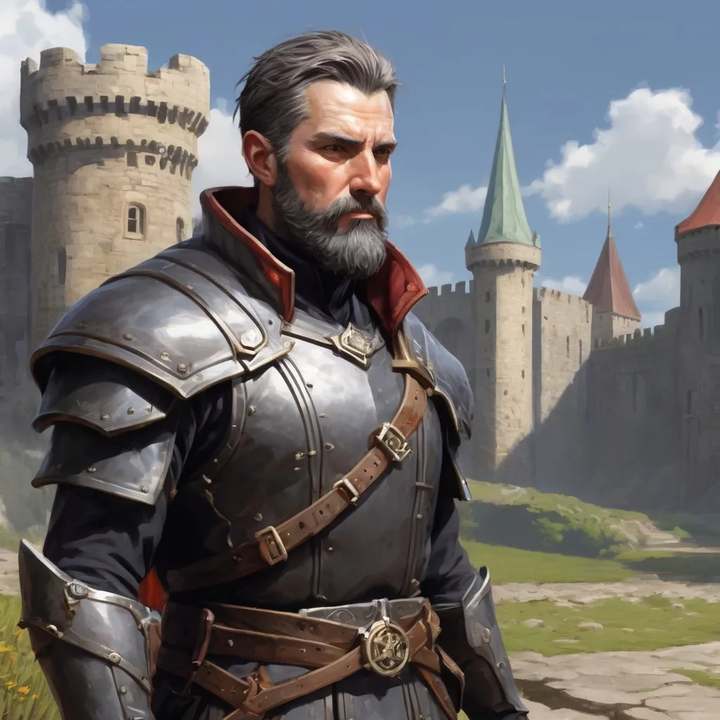 Prompt: Male heavy-set mature fit royal magus with short-cut hair and beard, in a windy castleground, pathfinder, d&d setting, enhanced shadow quality