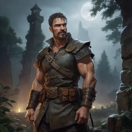 Prompt: Male stocky muscular mature fighter, with short hair and mustache, by a tower ruin in a forest at night in a rainstorm, pathfinder, d&d setting, in a realistic high quality digital art style, enhanced shadow quality, colorful