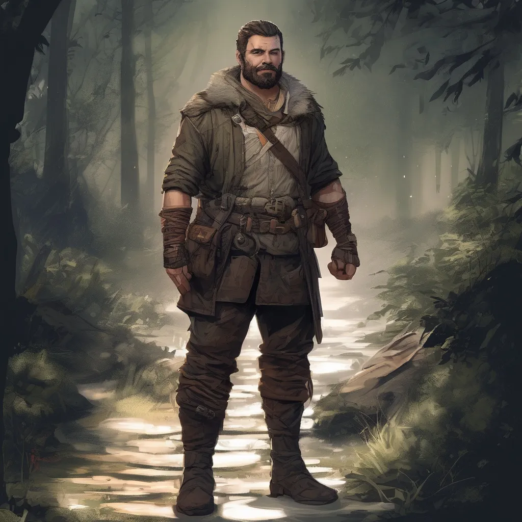 Prompt: (Full body) male stocky big-chested hairy-chested rogue bandit with short hair and beard, in nature at night, pathfinder, d&d setting, in a realistic digital art style