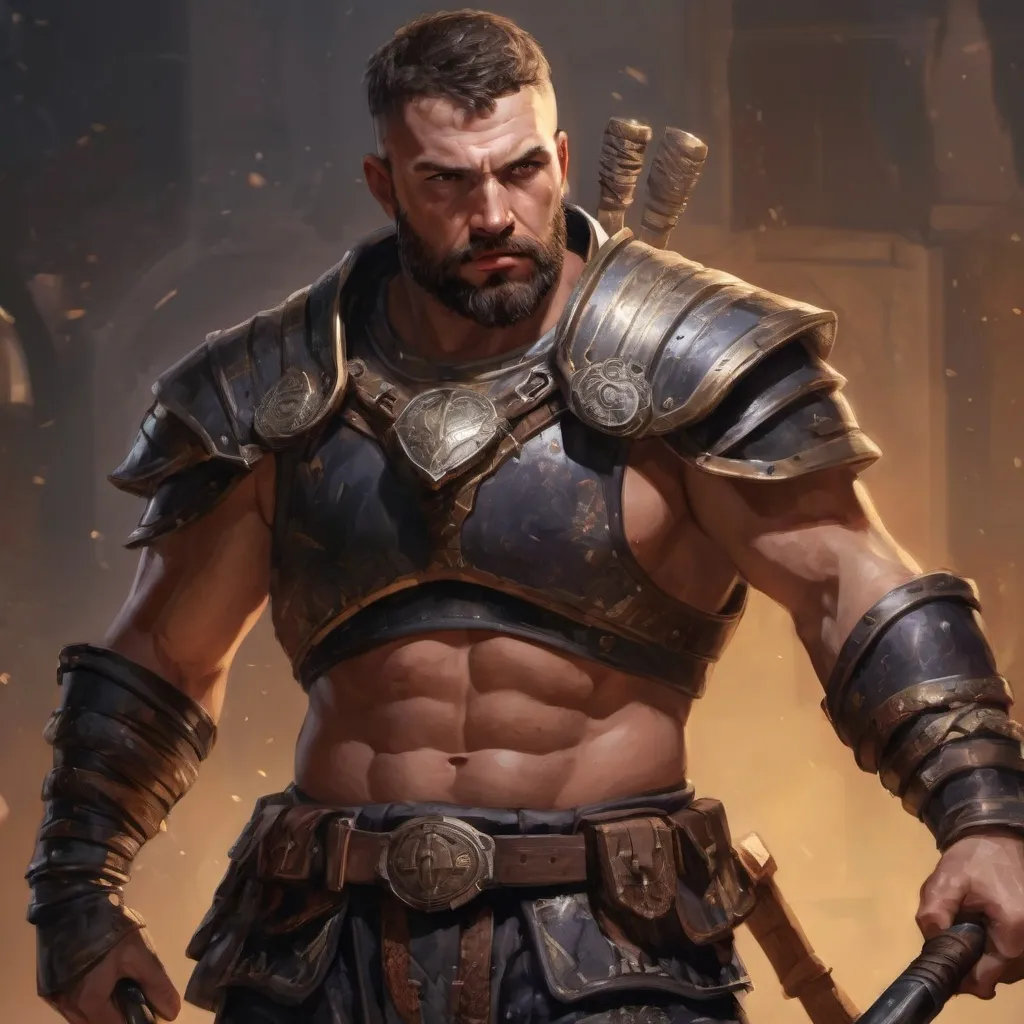 Prompt: Male stocky mature gladiator with short-cut hair and beard, in combat holding a weapon, inside of an arena at nigjt. pathfinder, d&d setting, in a realistic high quality digital art style, enhanced shadow quality