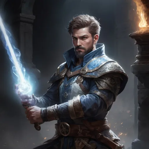 Prompt: Male stocky large battle-mage with short-cut hair and beard, engaged in combat casting a white-light spell inside of a dark dungeon, pathfinder, d&d setting, enhanced shadow quality, colorful
