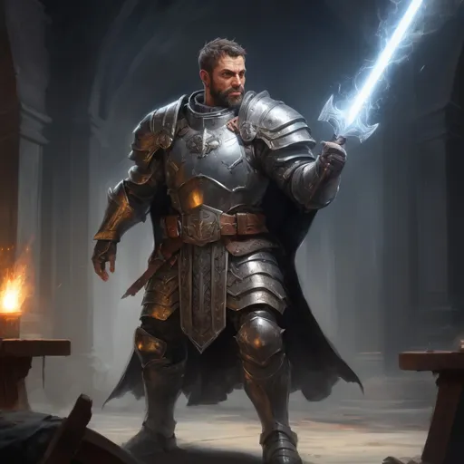 Prompt: Male stocky large mature muscular holy-paladin in armor with short-cut hair and beard, engaged in combat casting a white-light spell in a dark tresure room, pathfinder, d&d setting, realistic, enhanced shadow quality