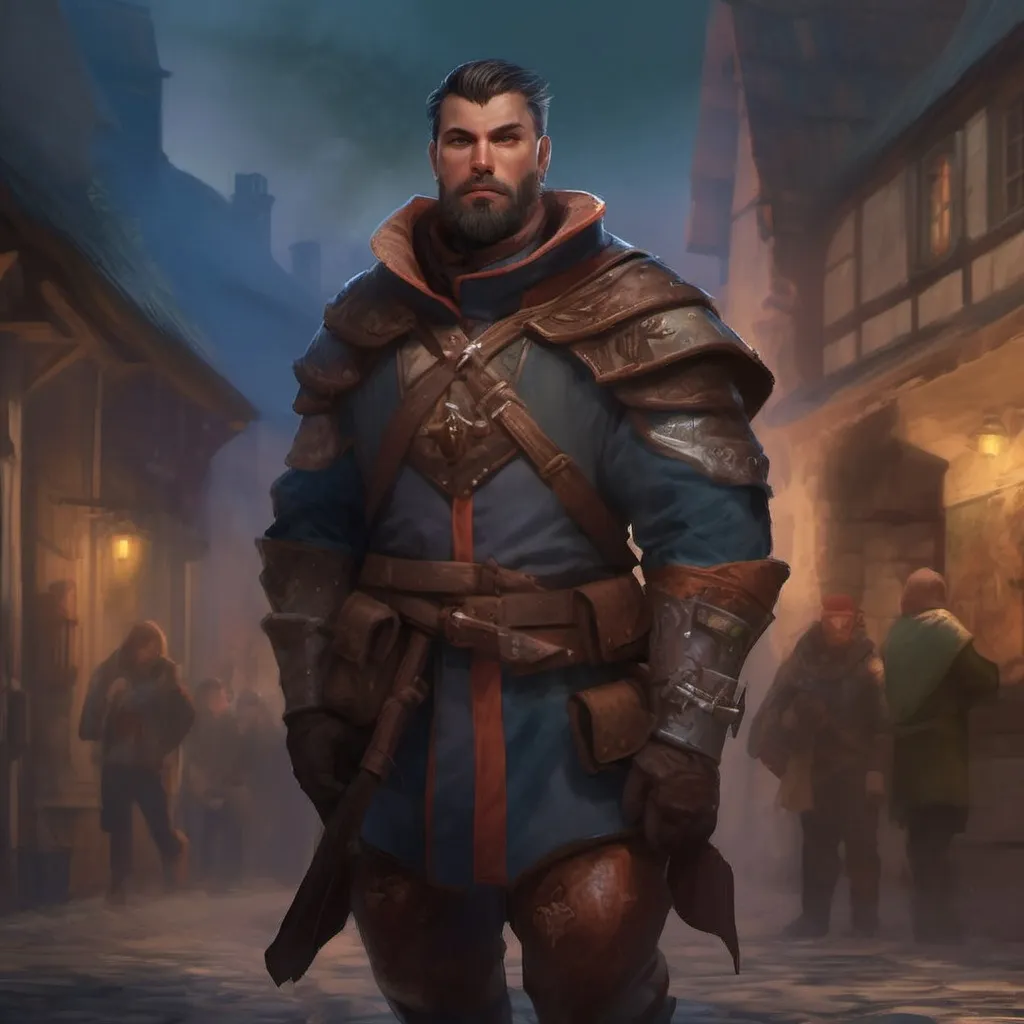 Prompt: (Full body) male manly stocky noble royal guard with dark short-cut hair and beard, in small village at night, pathfinder, d&d setting, in a realistic digital art style