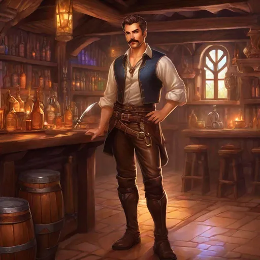 Prompt: (Full body) A broad-chested large male magical investigator with short hair, a mustache and stubble, pathfinger,  no shirt on, magic swirl, leather pants, holding a weapon, dungeons and dragons, brown boots, fantasy setting, researching in a tavern, in a painted style realistic art