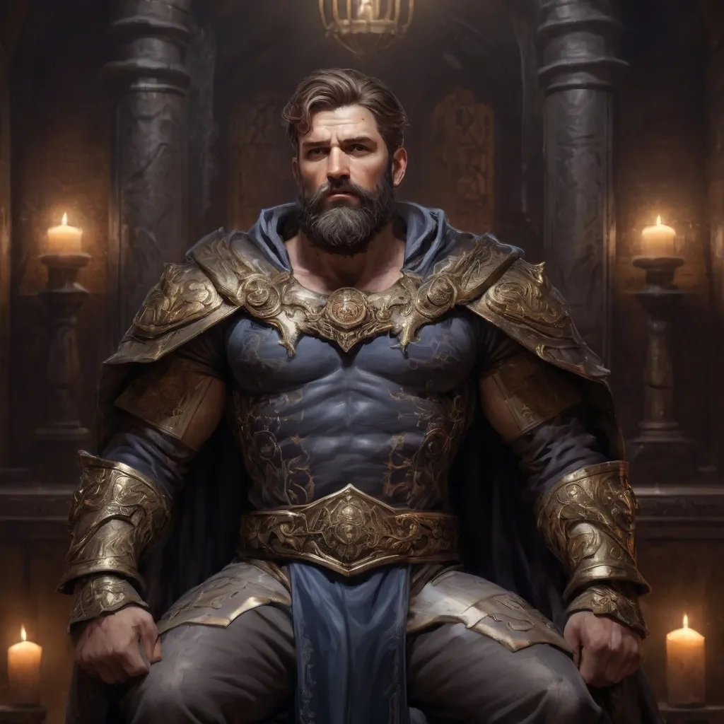 Prompt: (Full body) male stocky masculine manly hunky royal king with short hair and beard, hairy chest, in a dark throne room, pathfinder, d&d setting, in a realistic high quality digital art style