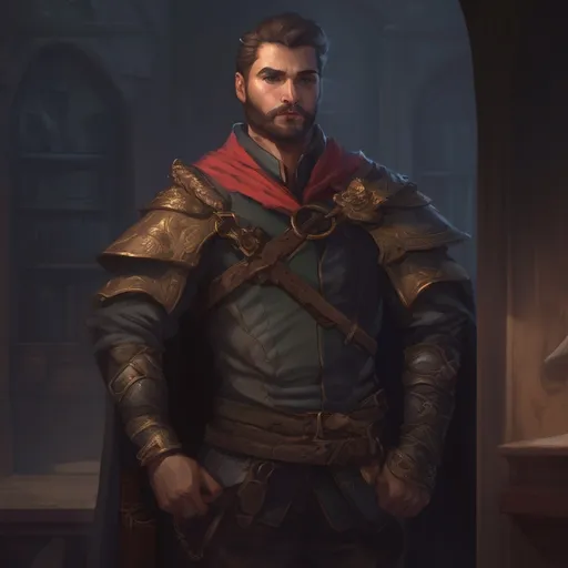 Prompt: (Full body) male stocky young royal noble with short-cut hair and beard, in a dark room, pathfinder, d&d setting, in a realistic digital art style