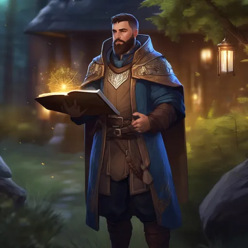 Prompt: (Full body) male magical stocky cleric with short hair and beard, in nature at night, pathfinder, d&d setting, in a realistic digital art style