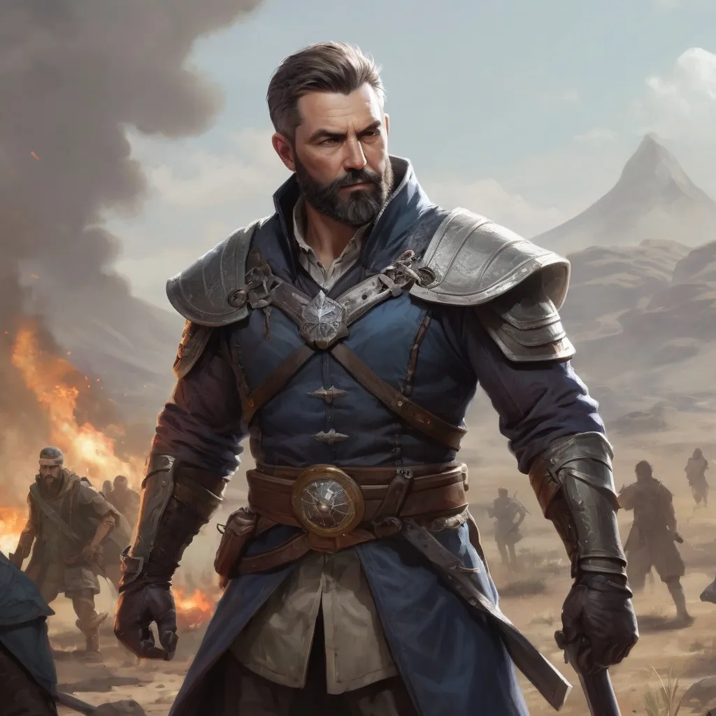 Prompt: Male stocky heavy-set mature illutionist with short-cut hair and beard, on a battlefield, in combat, casting a sage-spell, pathfinder, d&d setting, enhanced shadow quality, realistic