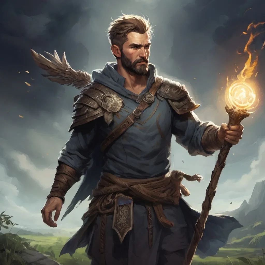 Prompt: Male heavy-set handsome fit fantasy-druid with short-cut hair and beard, casting magic out of magic wooden-staff, in a windy field at night, pathfinder, d&d setting, enhanced shadow quality