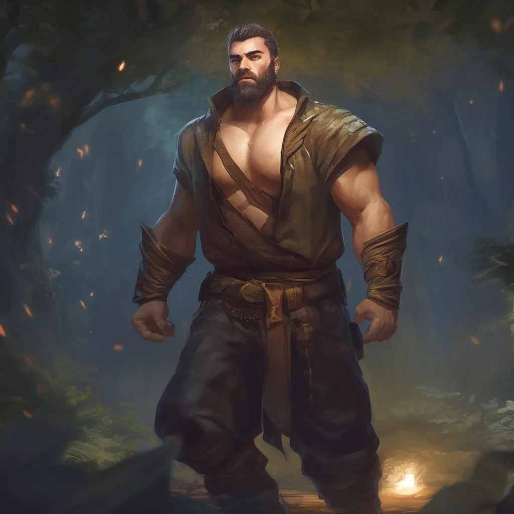 Prompt: (Full body) male stocky big-chested hairy-chested sorcerer with short hair and beard, no shirt on, casting a spell, in nature at night, pathfinder, d&d setting, in a realistic digital art style