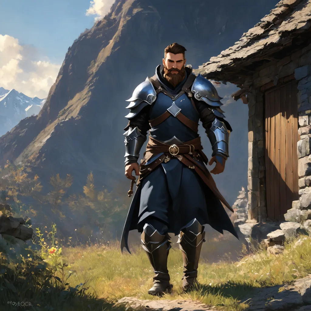 Prompt: (Full body) male rogue with short hair and beard, in rugged navy-blue armor, exploring a dark fantasy villiage by a mountain, pathfinder, d&d setting, in a detailed digital art style