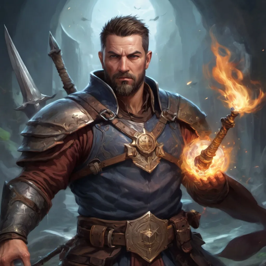 Prompt: (torso) Male stocky large 38-year old battle-mage with short hair and beard, engaged in combat casting an magical shield-spell, villiage under attack at night, in movement, pathfinder, d&d setting, realistic, enhanced shadow quality, colorful