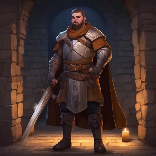 Prompt: (Full body) male stocky big-chested paladin with short hair and beard, in a dungeon at night, pathfinder, d&d setting, in a realistic digital art style