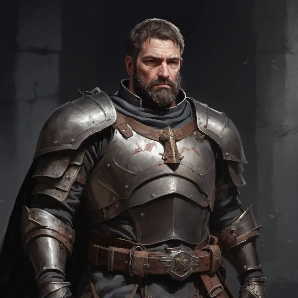 Prompt: (torso) Male stocky large mature knight with short-cut hair and beard, engaged in combat inside of a dark dungeon, pathfinder, d&d setting, in a realistic high quality digital art style, enhanced shadow quality